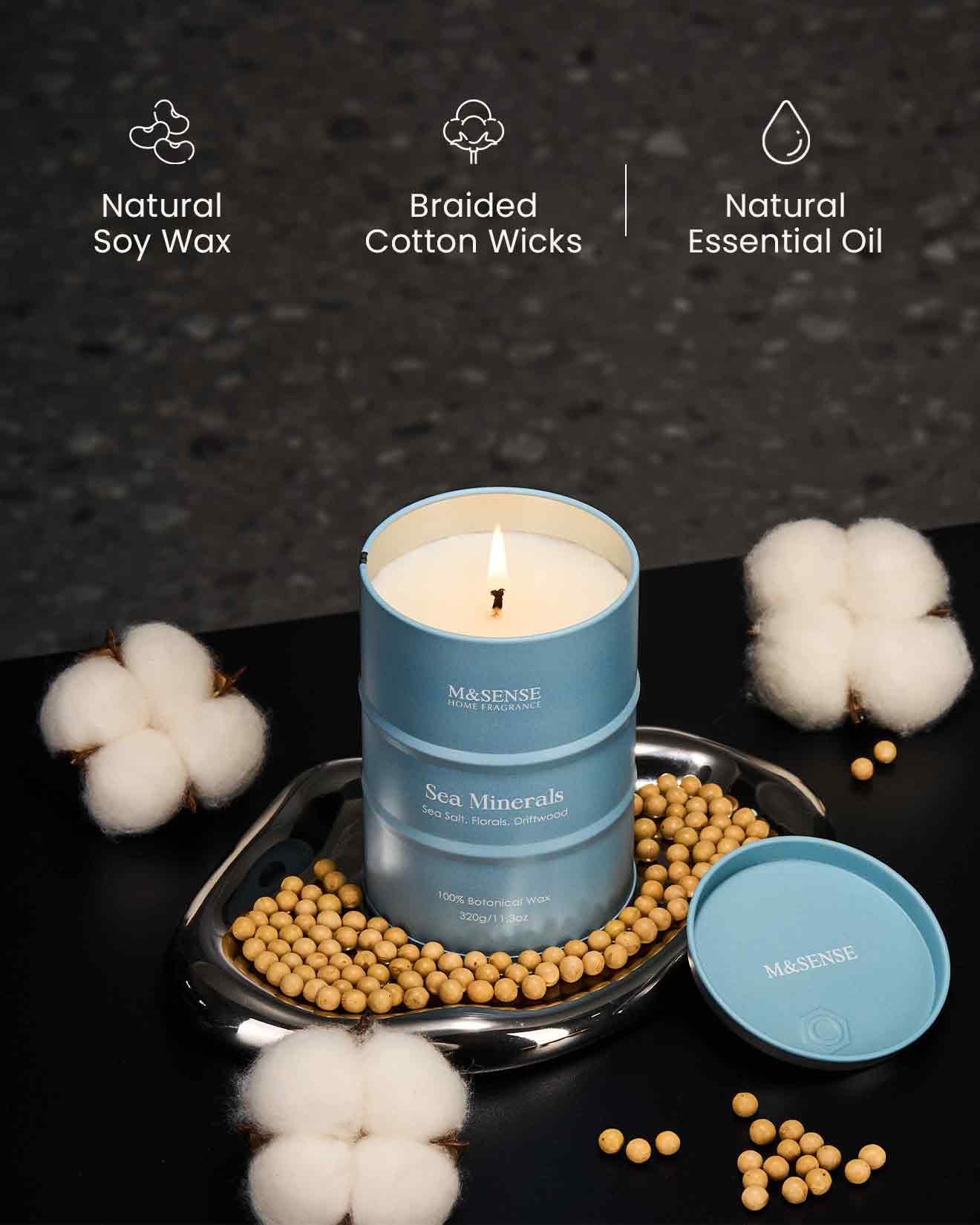 M&SENSE Sea Minerals Scented Candle – Ocean Aromatherapy, 11.3oz, 70h Burn