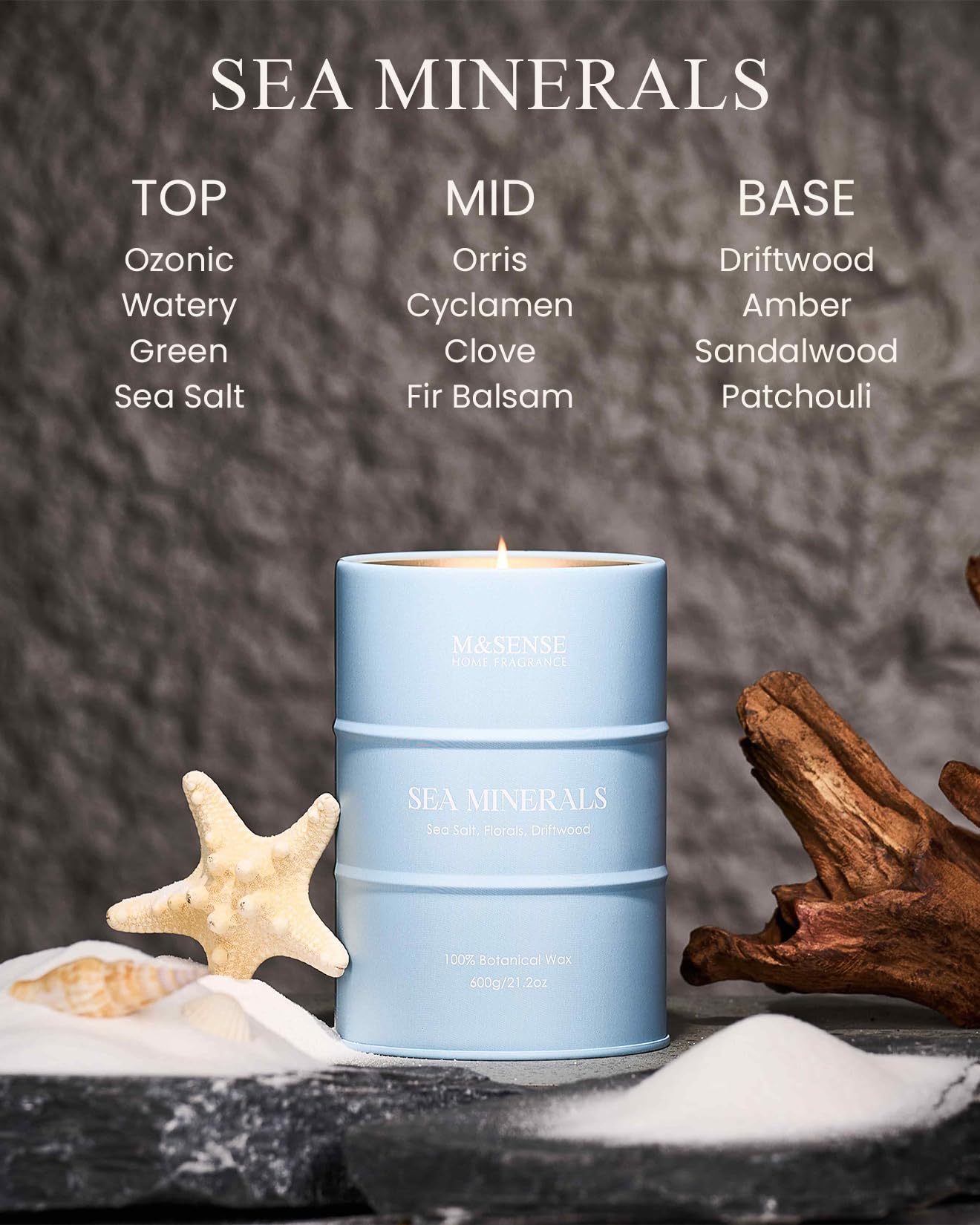 M&SENSE Sea Minerals Scented Candle – Ocean Large, 21.2oz Natural Soy, 120-Hour Slow Burning
