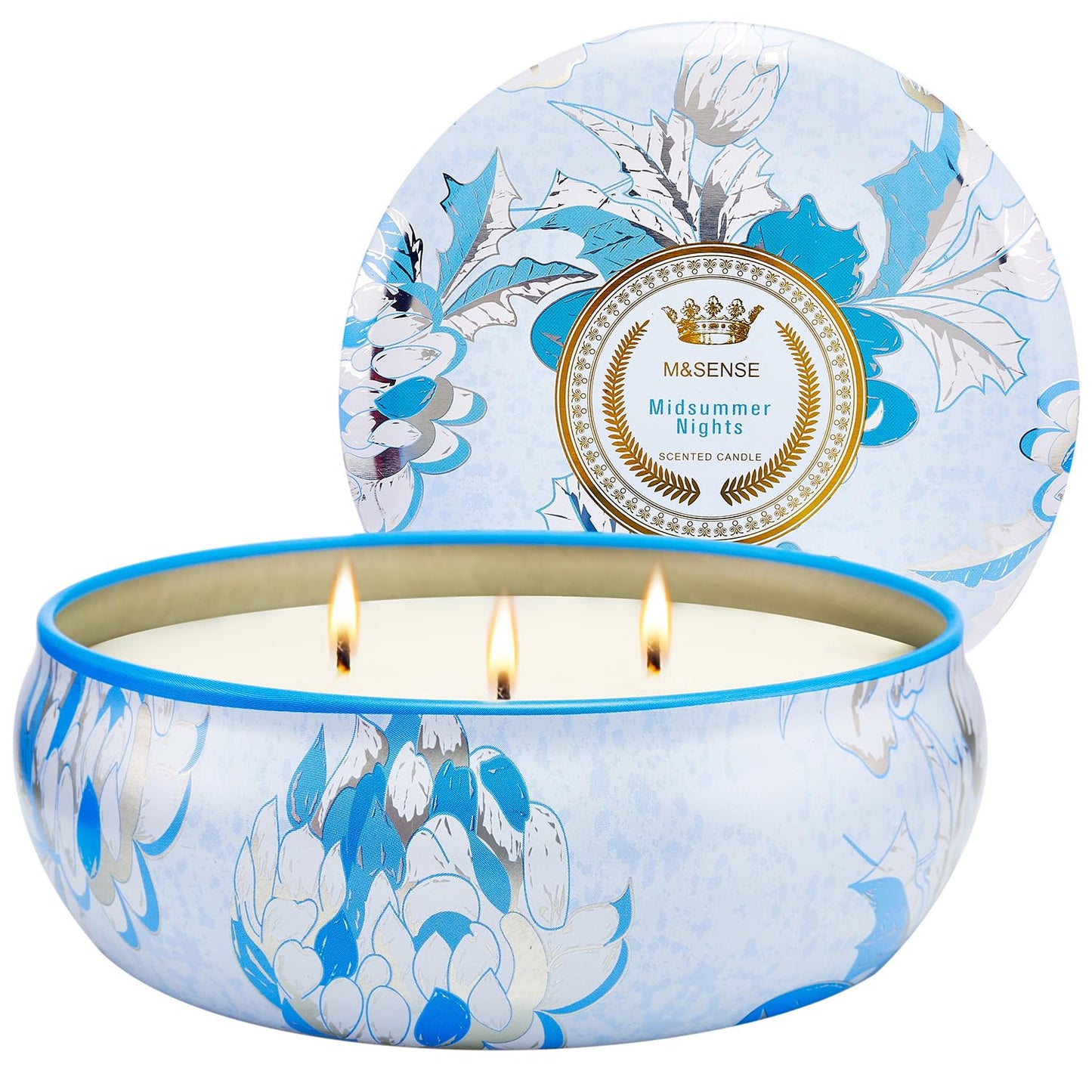 M&SENSE Soy Scented Candles - 12oz, 3 Wick, 40-50h Burn Time | Floral Tin