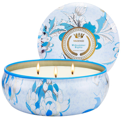 M&SENSE Soy Scented Candles - 12oz, 3 Wick, 40-50h Burn Time | Floral Tin