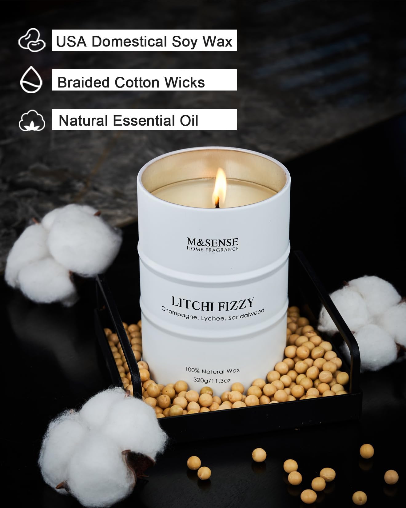 M&SENSE Soy Candle – Litchi Fizzy 11.3oz, 70h Natural Wax