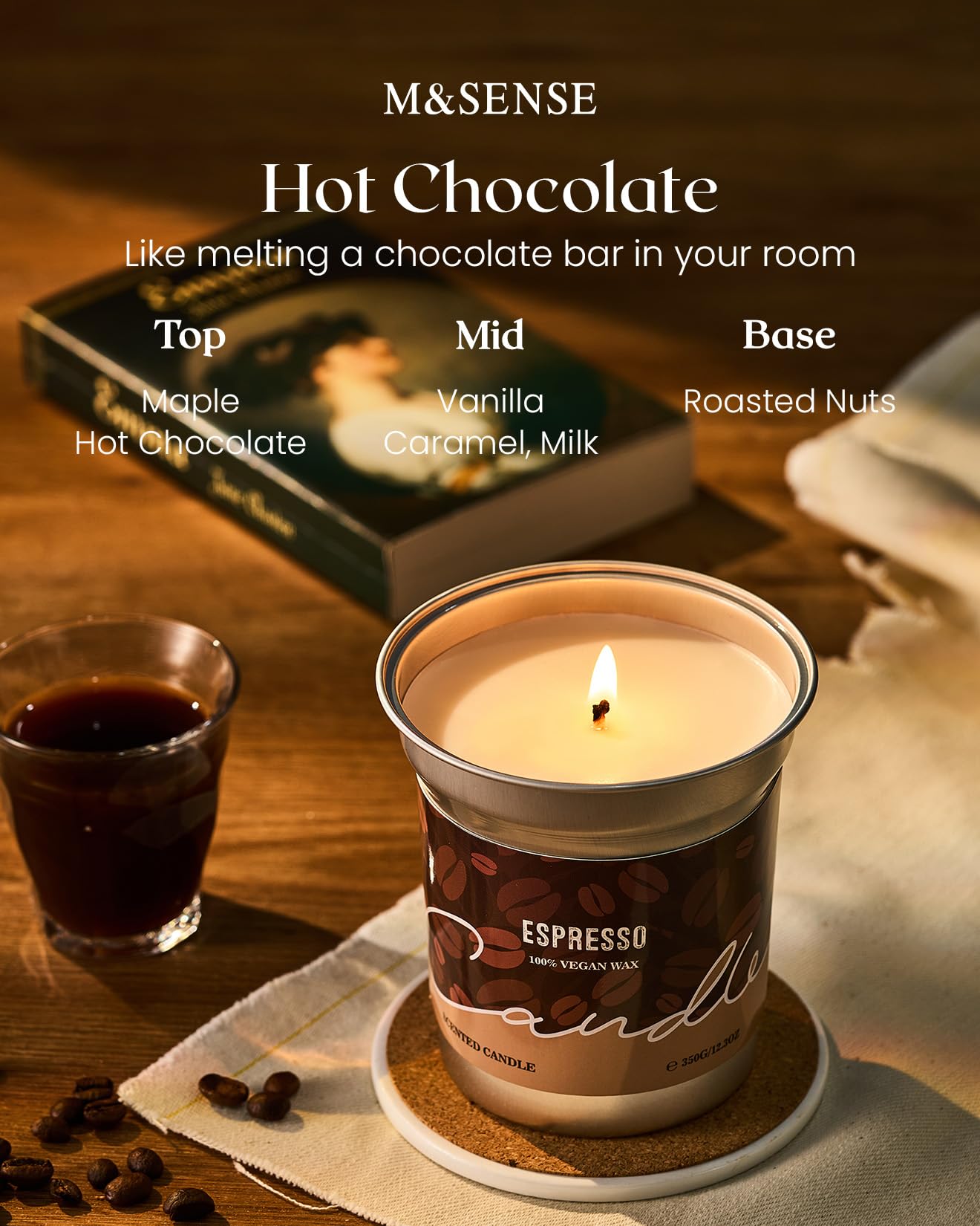 M&SENSE Hot Chocolate Scented Soy Candle 12.3oz – 75h Clean Burn, Non-Toxic
