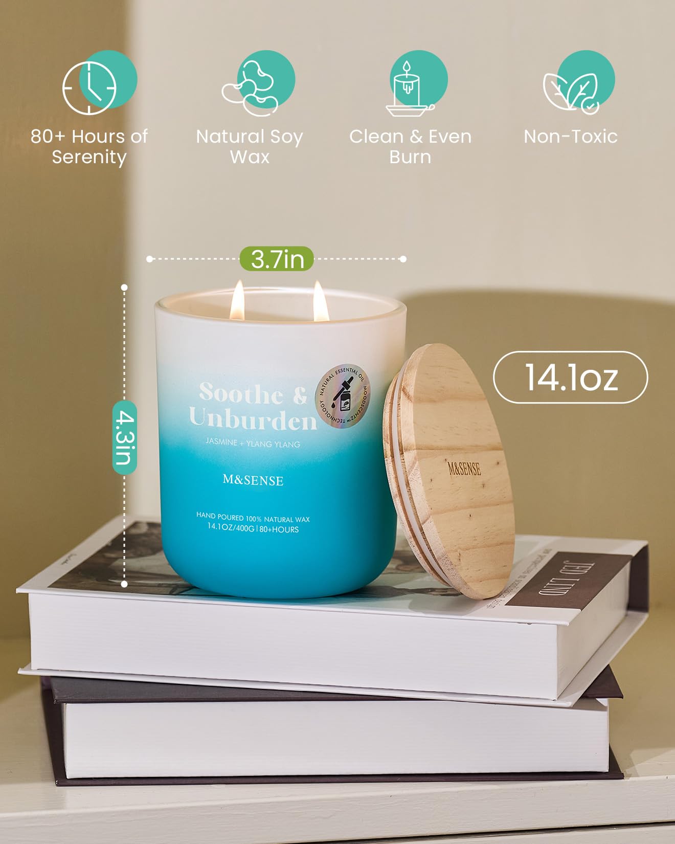 M&SENSE Jasmine & YlangYlang Scented Candle – 14.1oz, 80 Hours, Non-Toxic Soy Wax