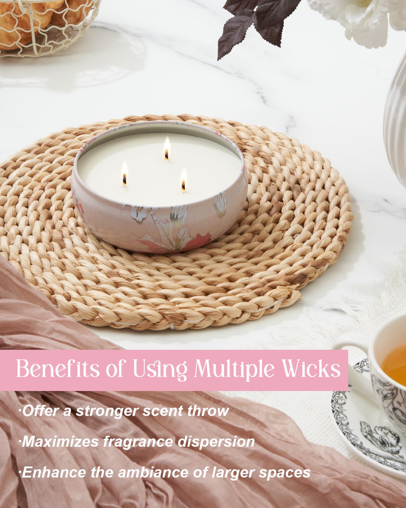 M&SENSE Cherry Blossom 3-Wick Soy Candle – 40+ Hr Burn, Vegan Wax
