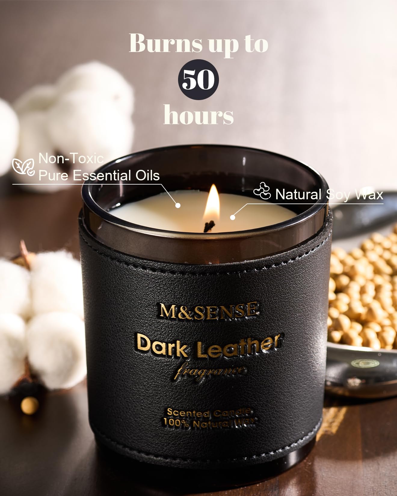 M&SENSE Tobacco Leather Berries Candle – 10oz, 42-Hour Burn, Vegan Soy Wax