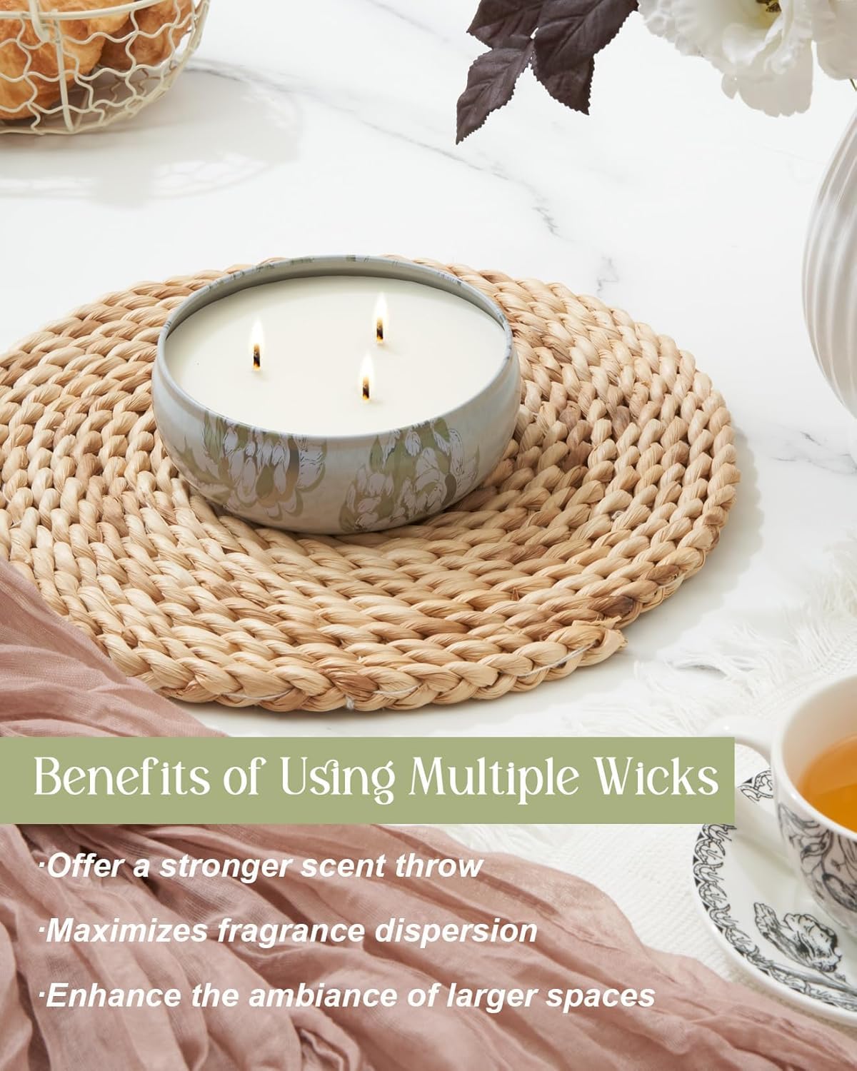 M&SENSE Tomato Vine Jasmine 3-Wick Soy Candle – 40-50h Burn Time