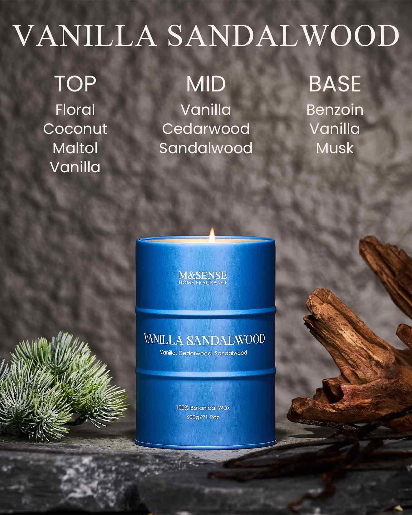 M&SENSE Vanilla Sandalwood Scented Candles – Large 21.2oz Natural Soy, 120-Hour Slow Burn