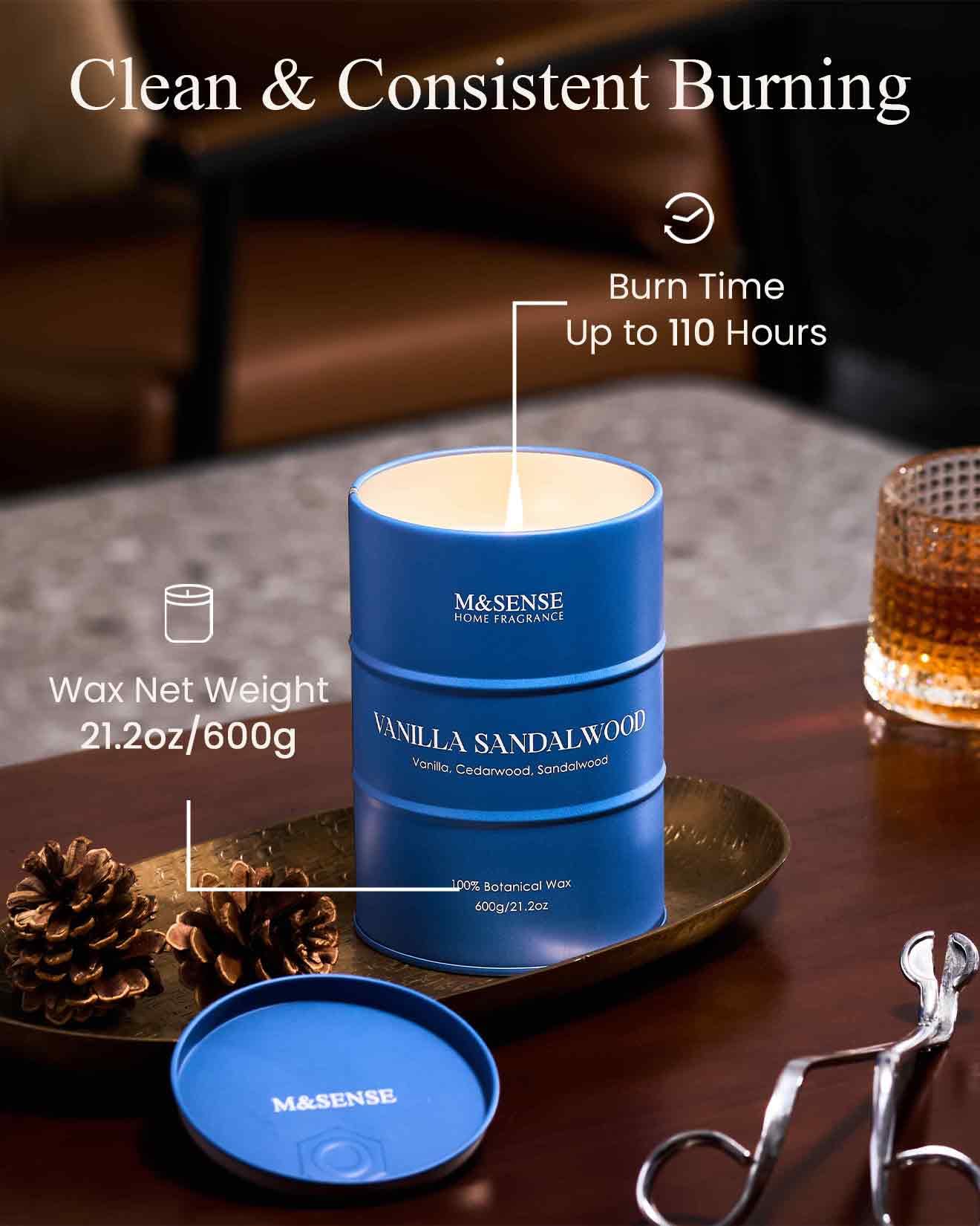 M&SENSE Vanilla Sandalwood Scented Candles – Large 21.2oz Natural Soy, 120-Hour Slow Burn