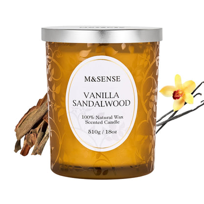 M&SENSE Vanilla Sandalwood Candle – 18oz, 100h, Wooden Wick, Non-Toxic