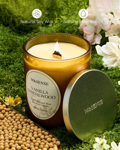 M&SENSE Vanilla Sandalwood Candle – 18oz, 100h, Wooden Wick, Non-Toxic