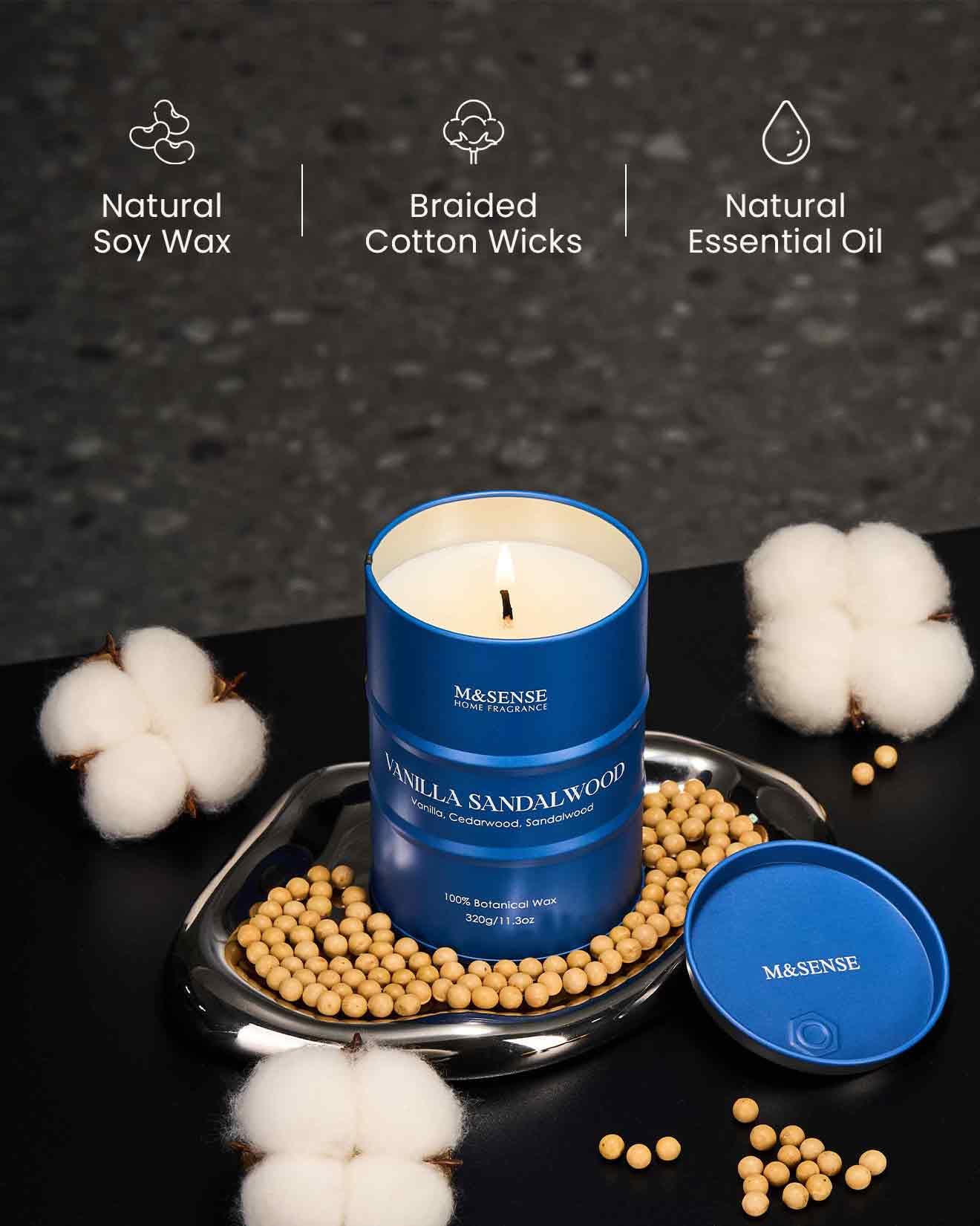 M&SENSE Vanilla Sandalwood Scented Candle – Natural Non-Toxic, 11.3oz, 70-Hour Burn