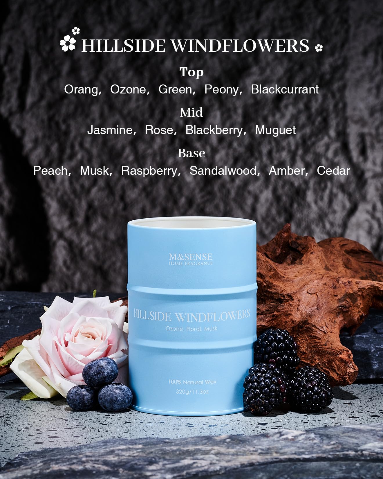 M&SENSE White Flowers Soy Scented Candle – 11.3oz, 70 Hours, Clean Burn