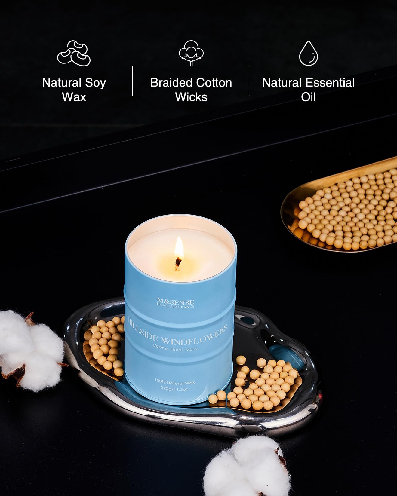 M&SENSE White Flowers Soy Scented Candle – 11.3oz, 70 Hours, Clean Burn