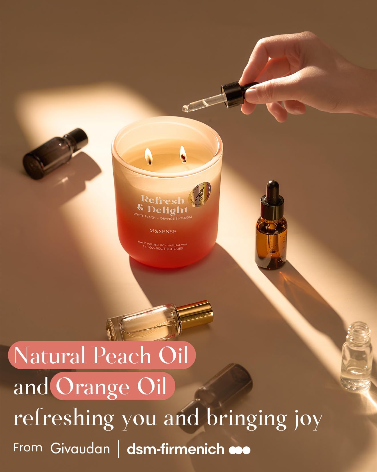 M&SENSE White Peach & Orange Blossom Candle – 14.1oz, 80-Hour Non-Toxic Soy Wax