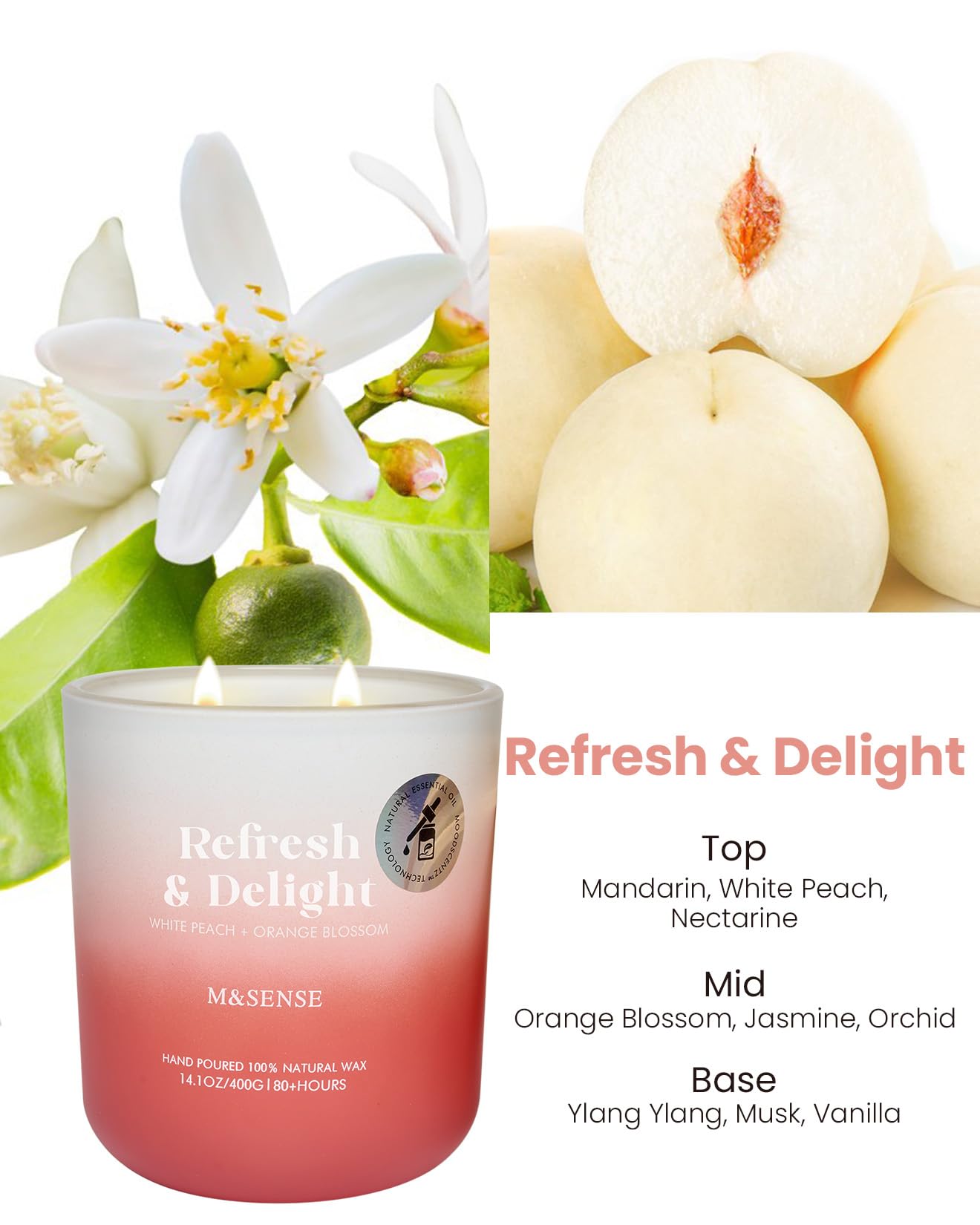 M&SENSE White Peach & Orange Blossom Candle – 14.1oz, 80-Hour Non-Toxic Soy Wax