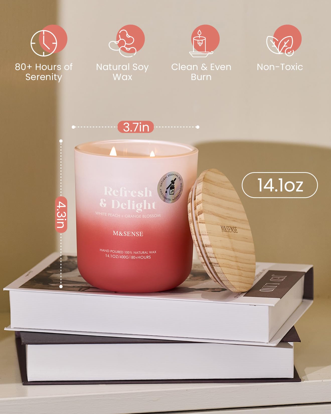 M&SENSE White Peach & Orange Blossom Candle – 14.1oz, 80-Hour Non-Toxic Soy Wax