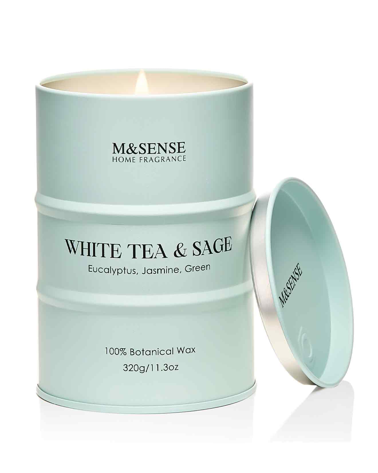 M&amp;SENSE White Tea Sage Candle – Non-Toxic Soy Blend, Aromatherapy, 11.3oz, 70-Hour Burn