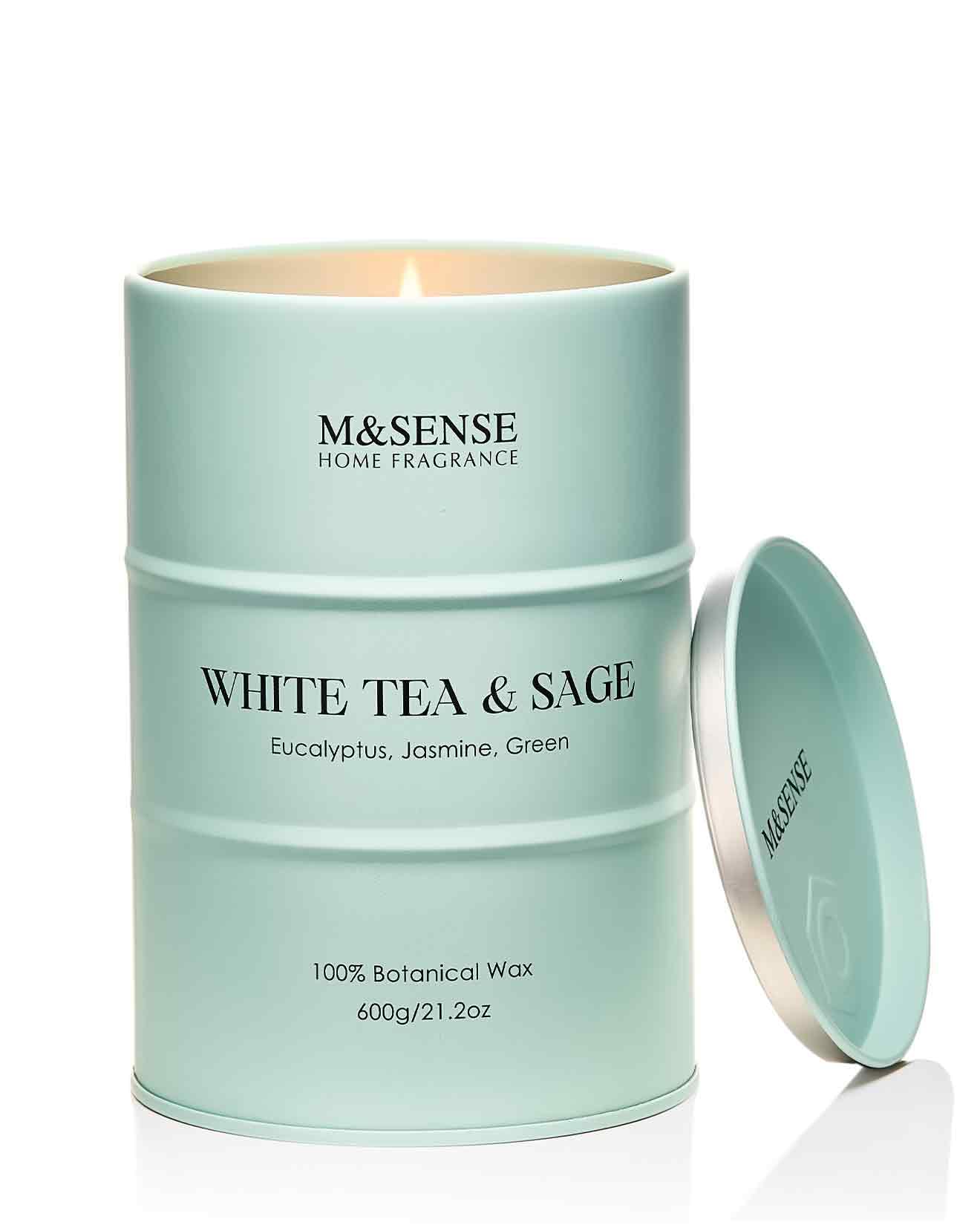 M&SENSE White Tea Sage Scented Candle – Large 21.2oz Natural Soy, 120-Hour Burn Time