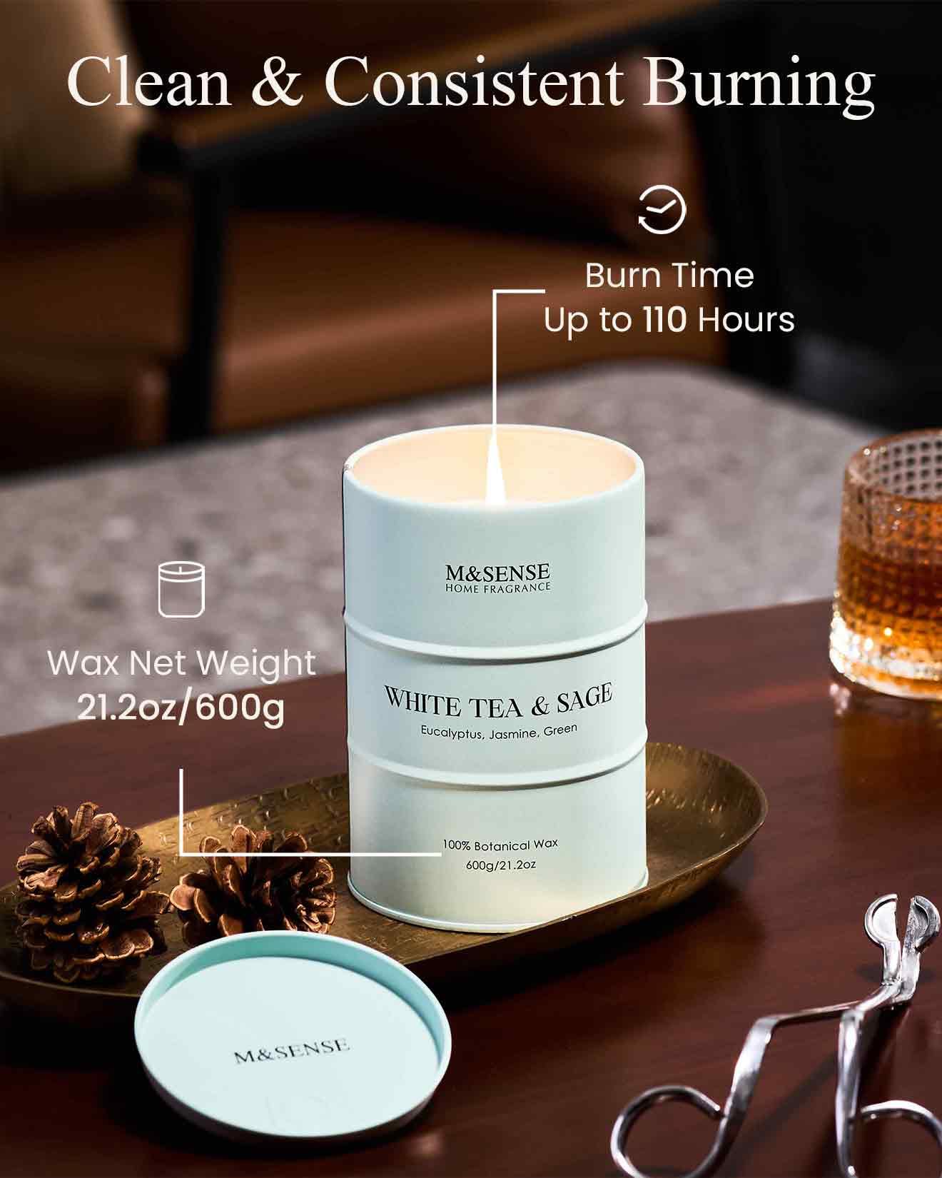 M&SENSE White Tea Sage Scented Candle – Large 21.2oz Natural Soy, 120-Hour Burn Time