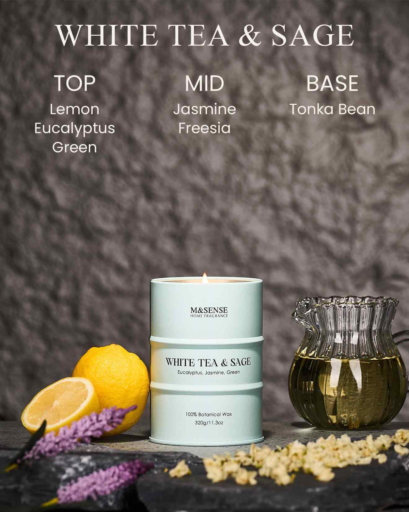 M&amp;SENSE White Tea Sage Candle – Non-Toxic Soy Blend, Aromatherapy, 11.3oz, 70-Hour Burn
