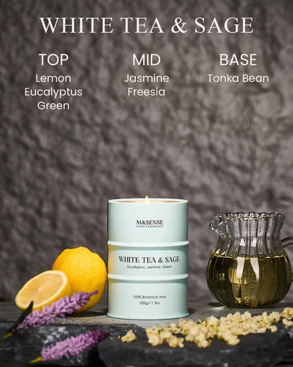 M&amp;SENSE White Tea Sage Candle – Non-Toxic Soy Blend, Aromatherapy, 11.3oz, 70-Hour Burn