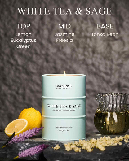 M&SENSE White Tea Sage Scented Candle – Large 21.2oz Natural Soy, 120-Hour Burn Time