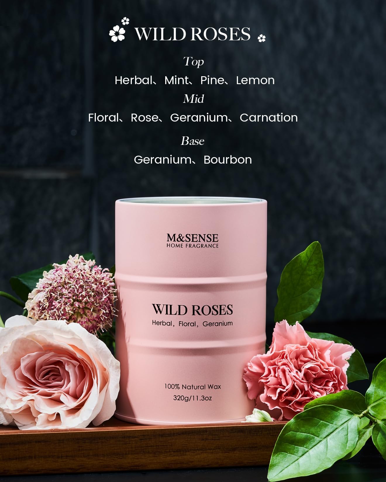 M&SENSE Wild Rose Natural Scented Candle – 70 Hours, Soy Wax, Aromatherapy Gift