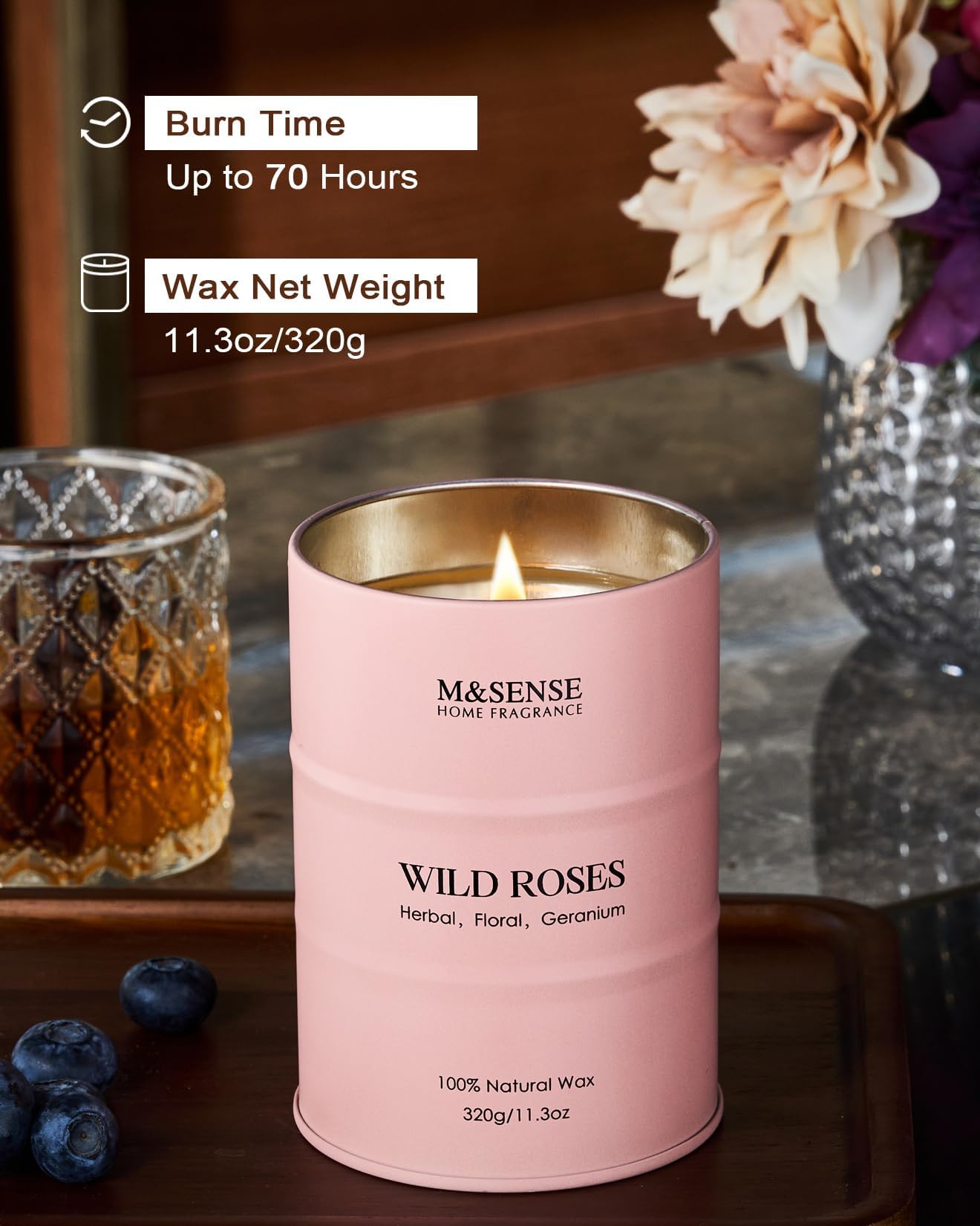 M&SENSE Wild Rose Natural Scented Candle – 70 Hours, Soy Wax, Aromatherapy Gift