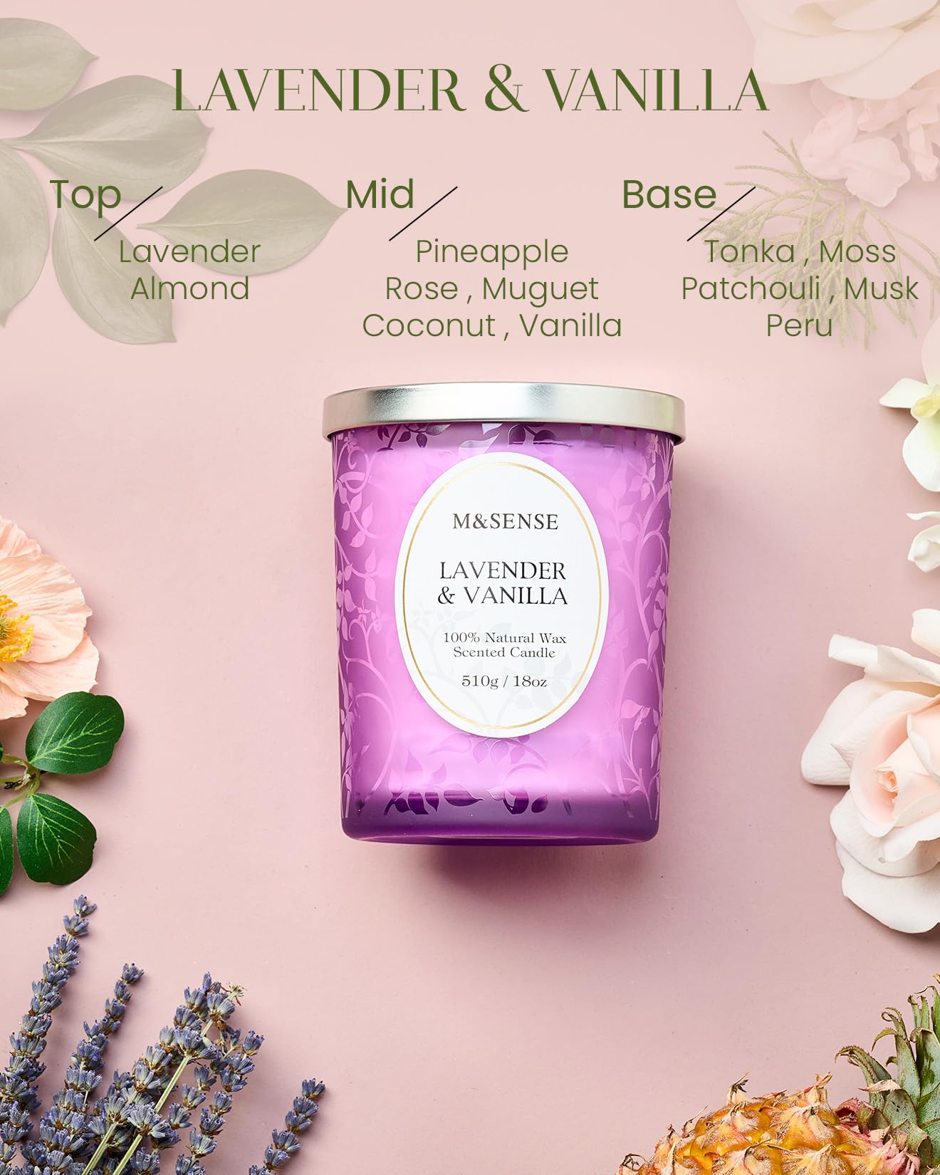 M&SENSE Lavender Vanilla Candle | 18oz Soy Wax, Wooden Wick, 100+ Hours
