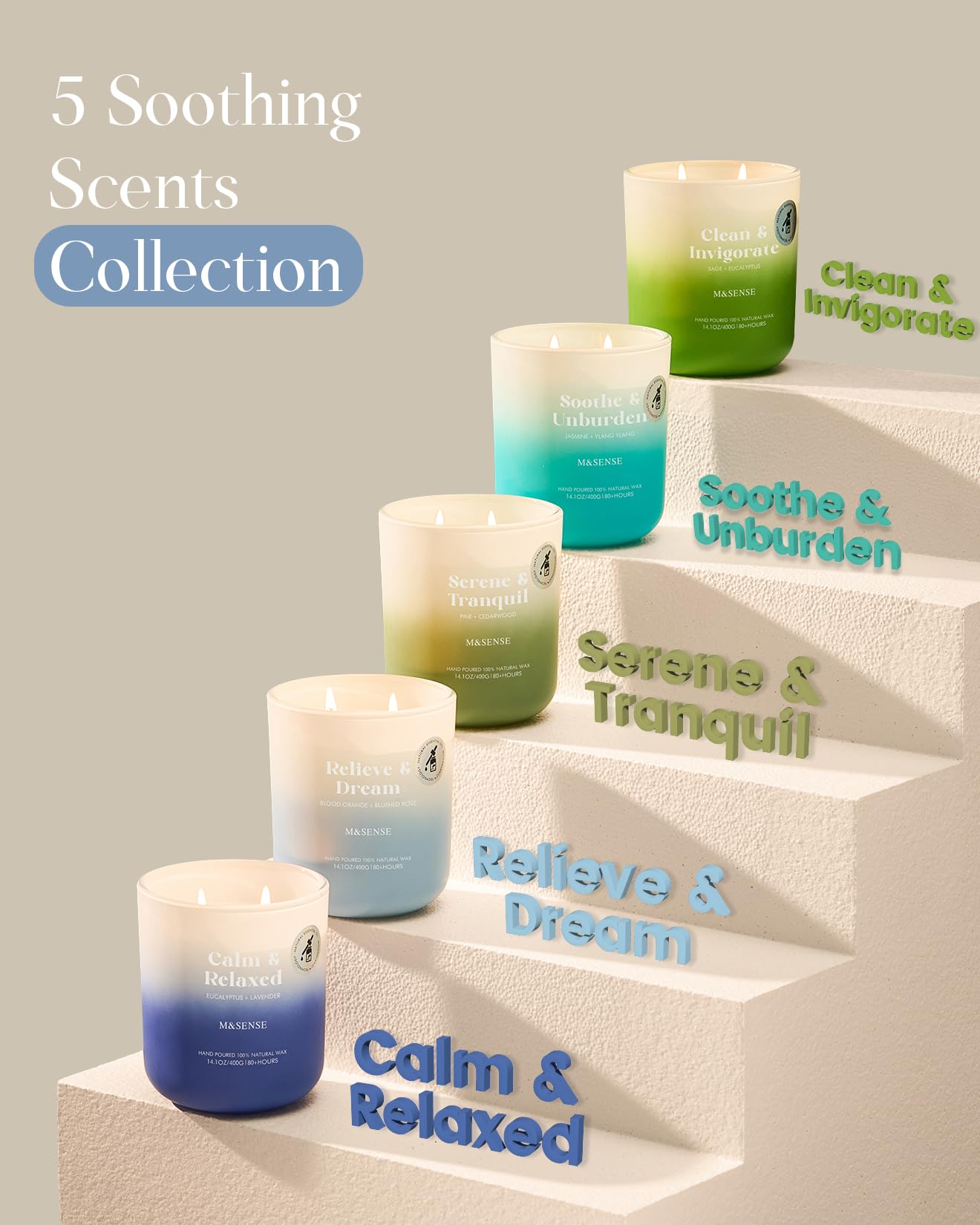 M&SENSE Jasmine & YlangYlang Scented Candle – 14.1oz, 80 Hours, Non-Toxic Soy Wax