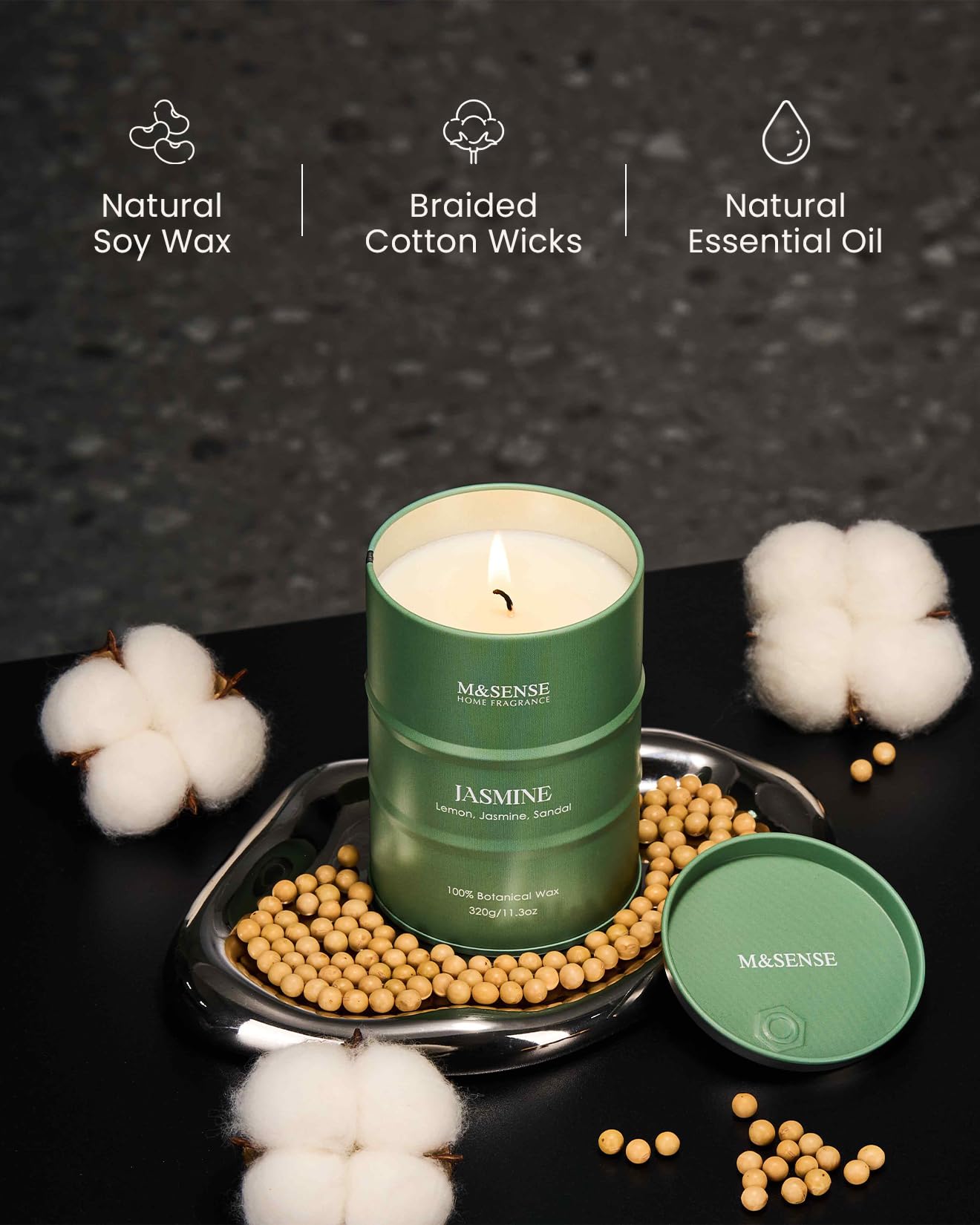M&SENSE Jasmine Scented Candle - Natural Non-Toxic Soy Blend, Aromatherapy, 100-120h Burn