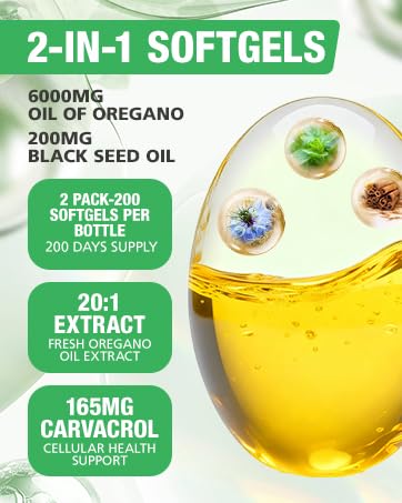 MSLOTAL Oil of Oregano with Black Seed Oil – 200 Count Capsules | Immune & Digestive Support