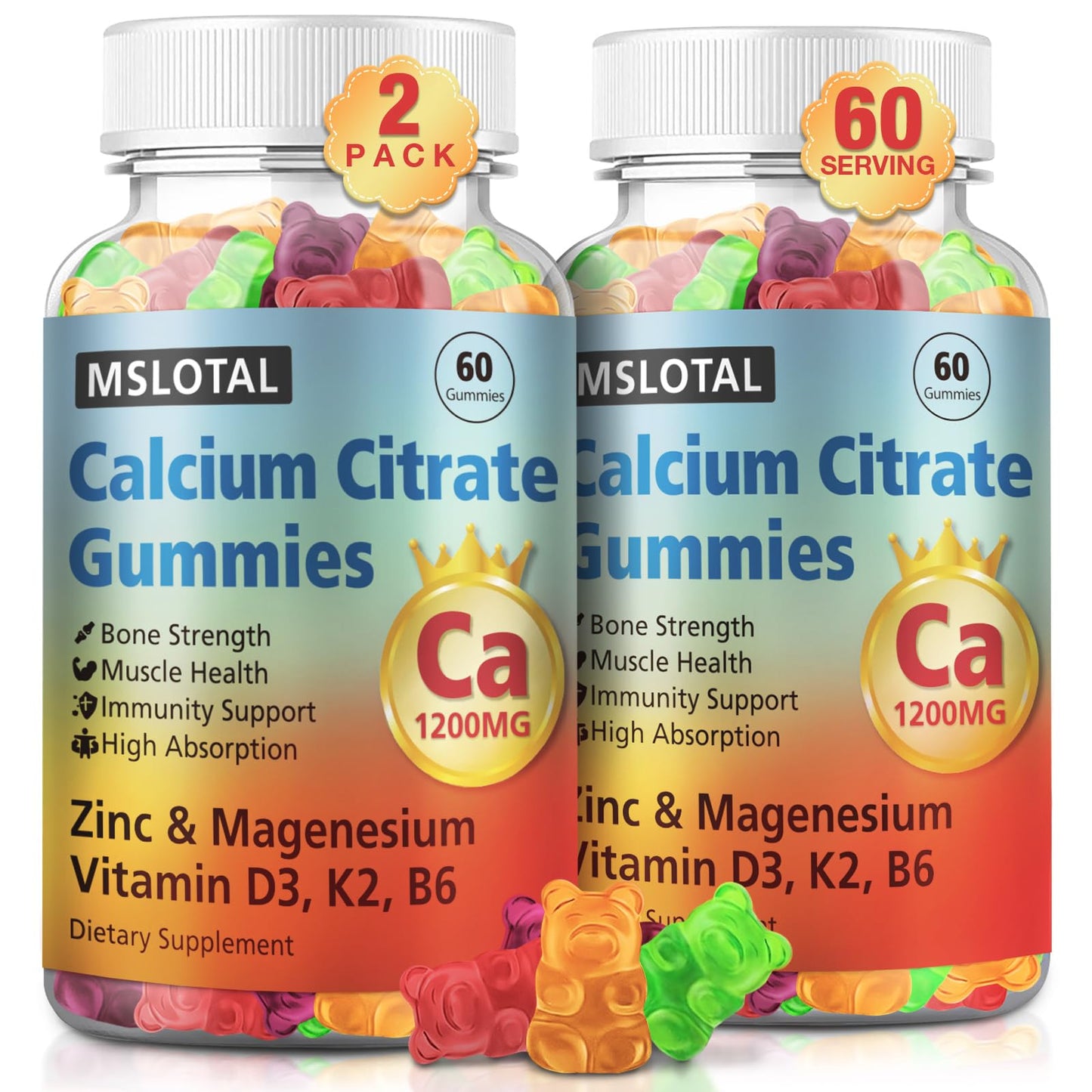 MSLOTAL Calcium Citrate Gummies 1200mg with Vitamin D3 – Bone & Muscle Health
