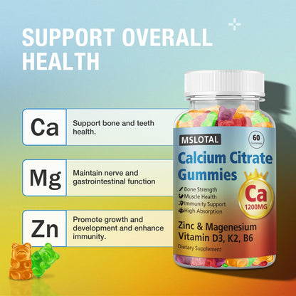 MSLOTAL Calcium Citrate Gummies 1200mg with Vitamin D3 – Bone & Muscle Health