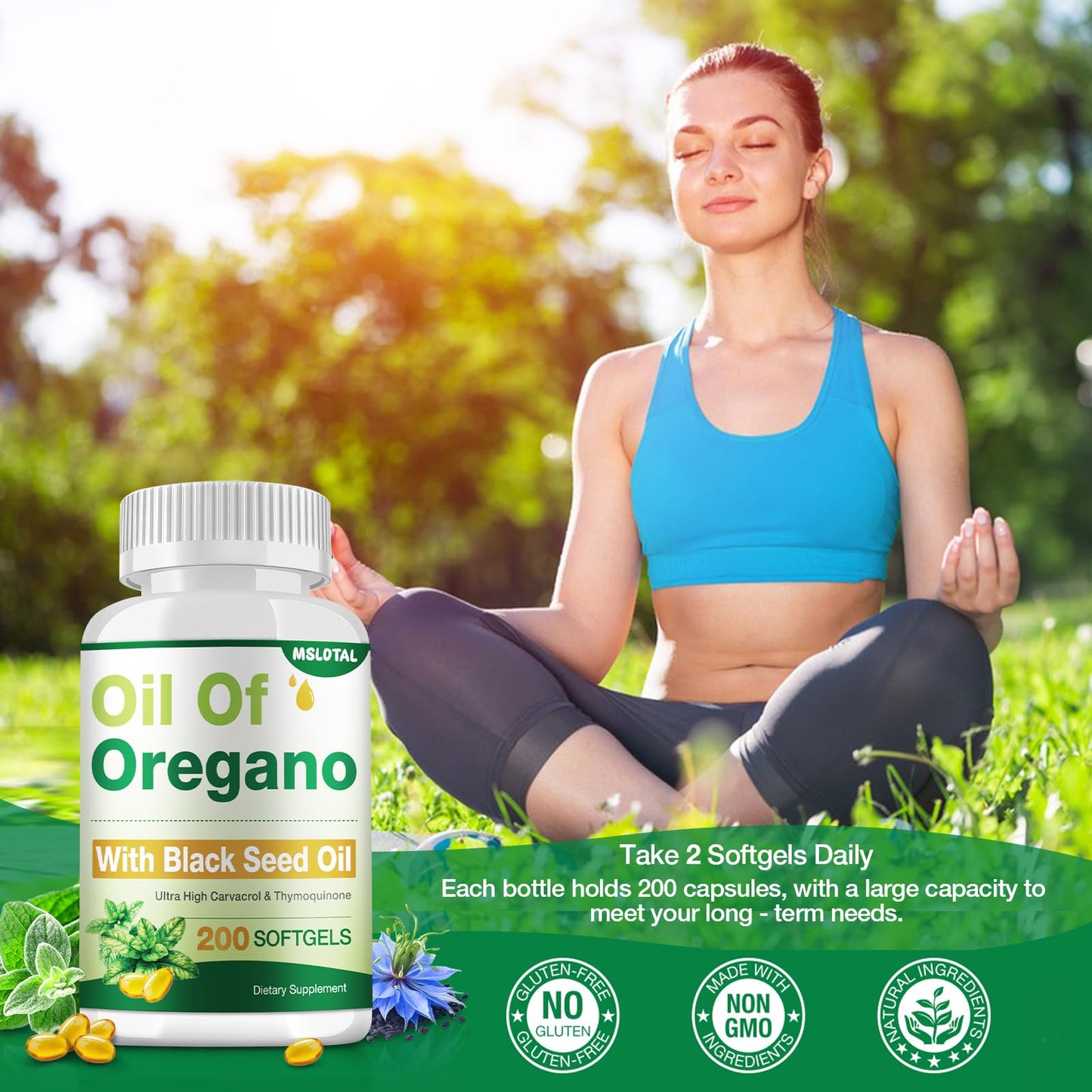 MSLOTAL Oil of Oregano with Black Seed Oil – 200 Count Capsules | Immune & Digestive Support