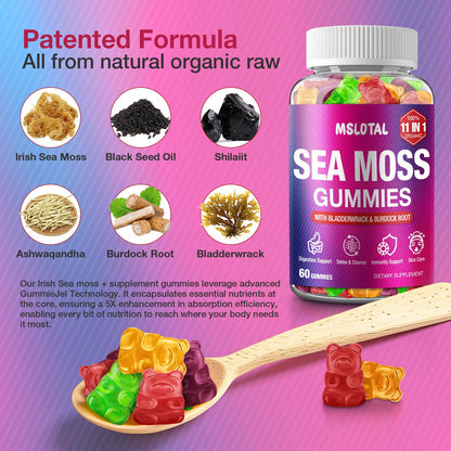 MSLOTAL Irish Sea Moss Gummies with Black Seed Oil, Ashwagandha & Shilajit – Immune Support, Vegan, 120 Gummies