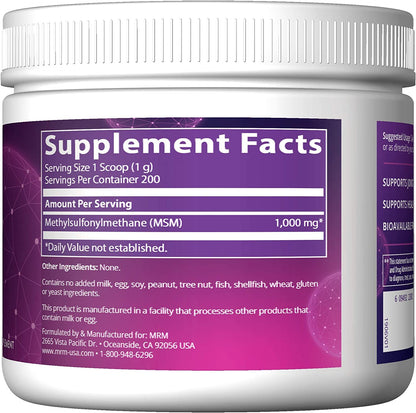MRM MSM Crystals | Pure Bioavailable Sulfur Powder for Joints, Hair, Skin & Nails | Vegan | 200 Servings