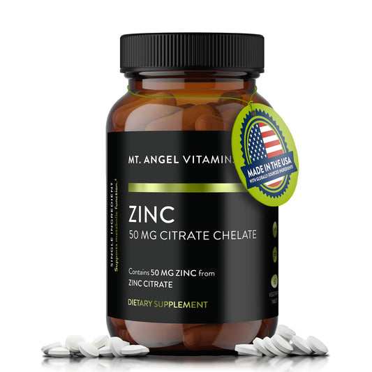 Mt. Angel Vitamins - Zinc Citrate 50mg - Zinc 50 mg Citrate Chelate - Natural Zinc Supplements Made in USA - 60 Vegetarian Tablets BritishVita | Premium UK Vitamins & Wellness Supplements