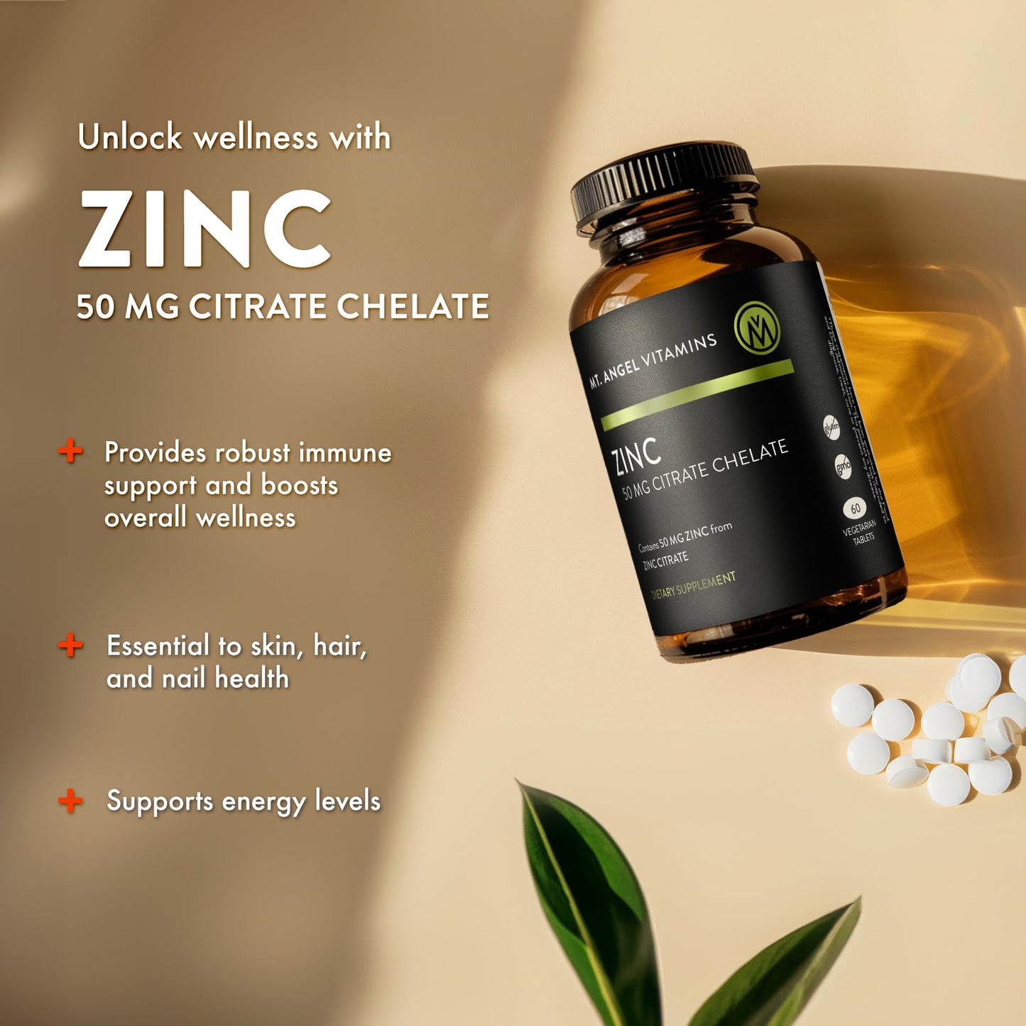 Mt. Angel Vitamins - Zinc Citrate 50mg - Zinc 50 mg Citrate Chelate - Natural Zinc Supplements Made in USA - 60 Vegetarian Tablets