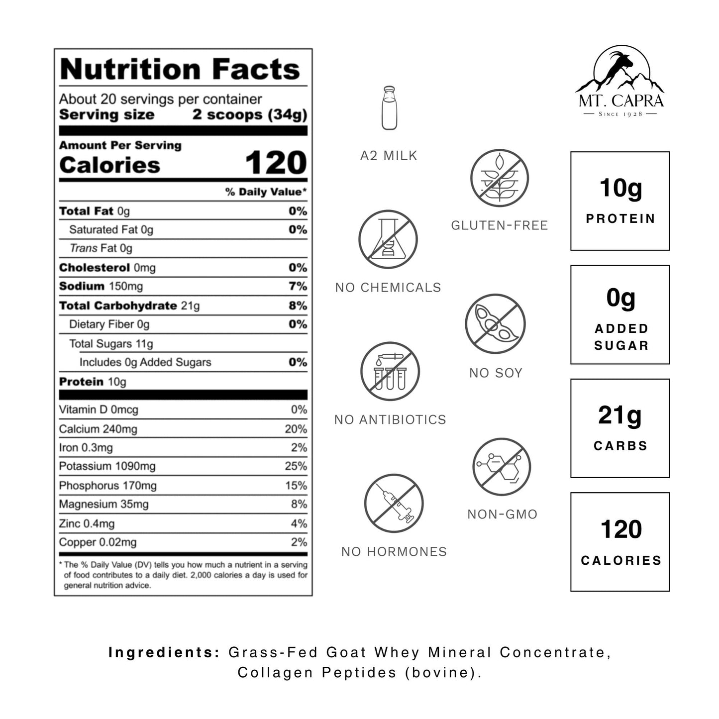 Mt. Capra Clean Minerals with Collagen Peptides | Whole Food Minerals from Goat Milk Whey and Grass-Fed Type I and III Collagen Peptides | 10 g Protein per Serving | Unflavored | 20 Servings - 23.8 oz