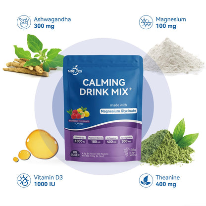 MTCUNXI UltraCalm Cortisol Drink with Magnesium Glycinate, Ashwagandha, L-Theanine – Raspberry Lemonade, Sugar Free (30 Servings)
