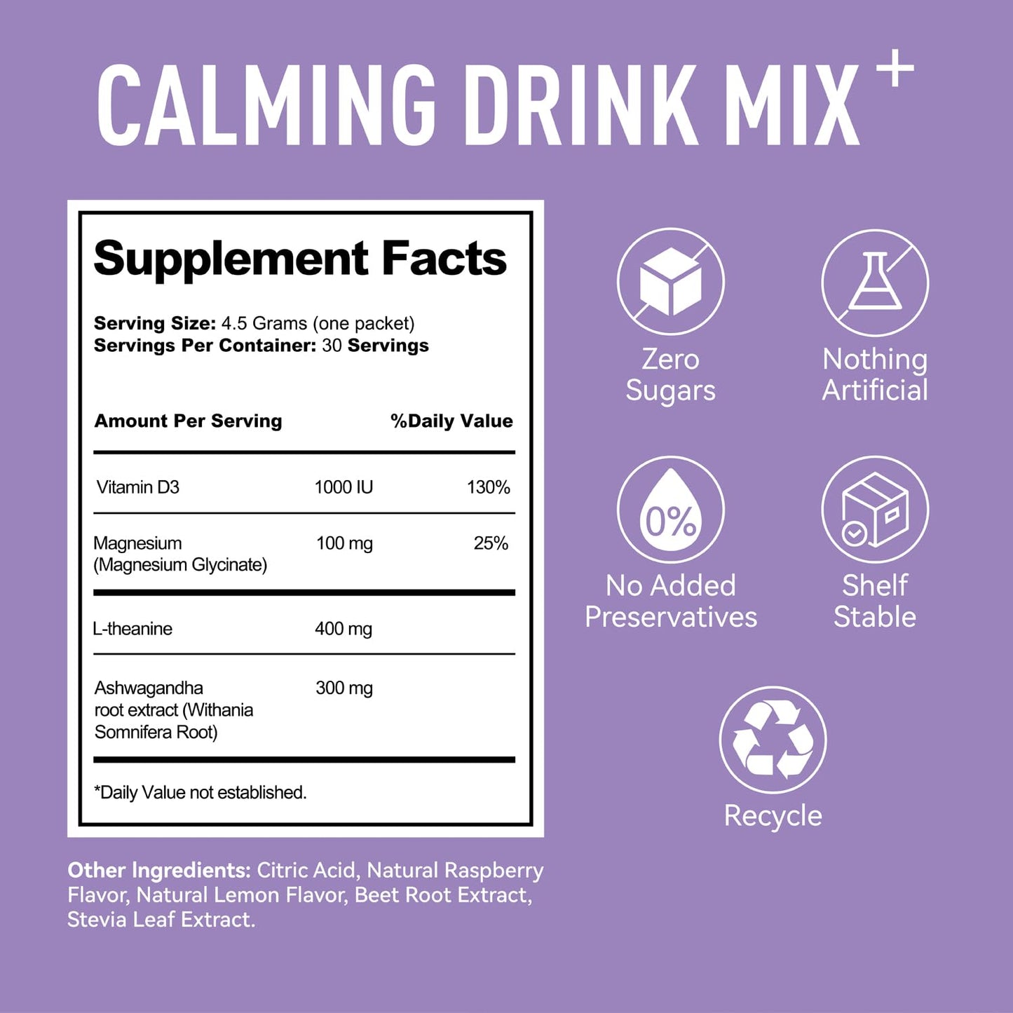 MTCUNXI UltraCalm Cortisol Drink with Magnesium Glycinate, Ashwagandha, L-Theanine – Raspberry Lemonade, Sugar Free (30 Servings)