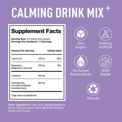 MTCUNXI UltraCalm Cortisol Drink with Magnesium Glycinate, Ashwagandha, L-Theanine – Raspberry Lemonade, Sugar Free (30 Servings)