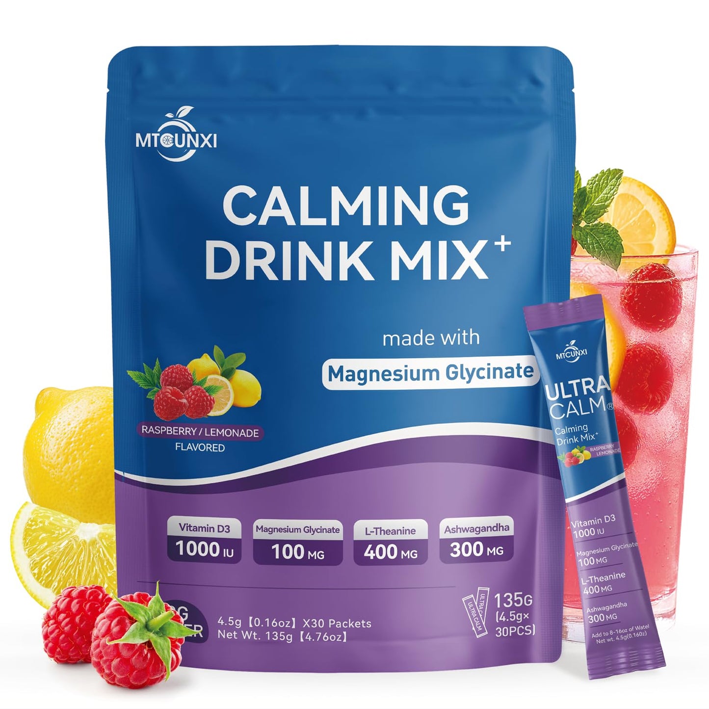 MTCUNXI UltraCalm Cortisol Drink with Magnesium Glycinate, Ashwagandha, L-Theanine – Raspberry Lemonade, Sugar Free (30 Servings)