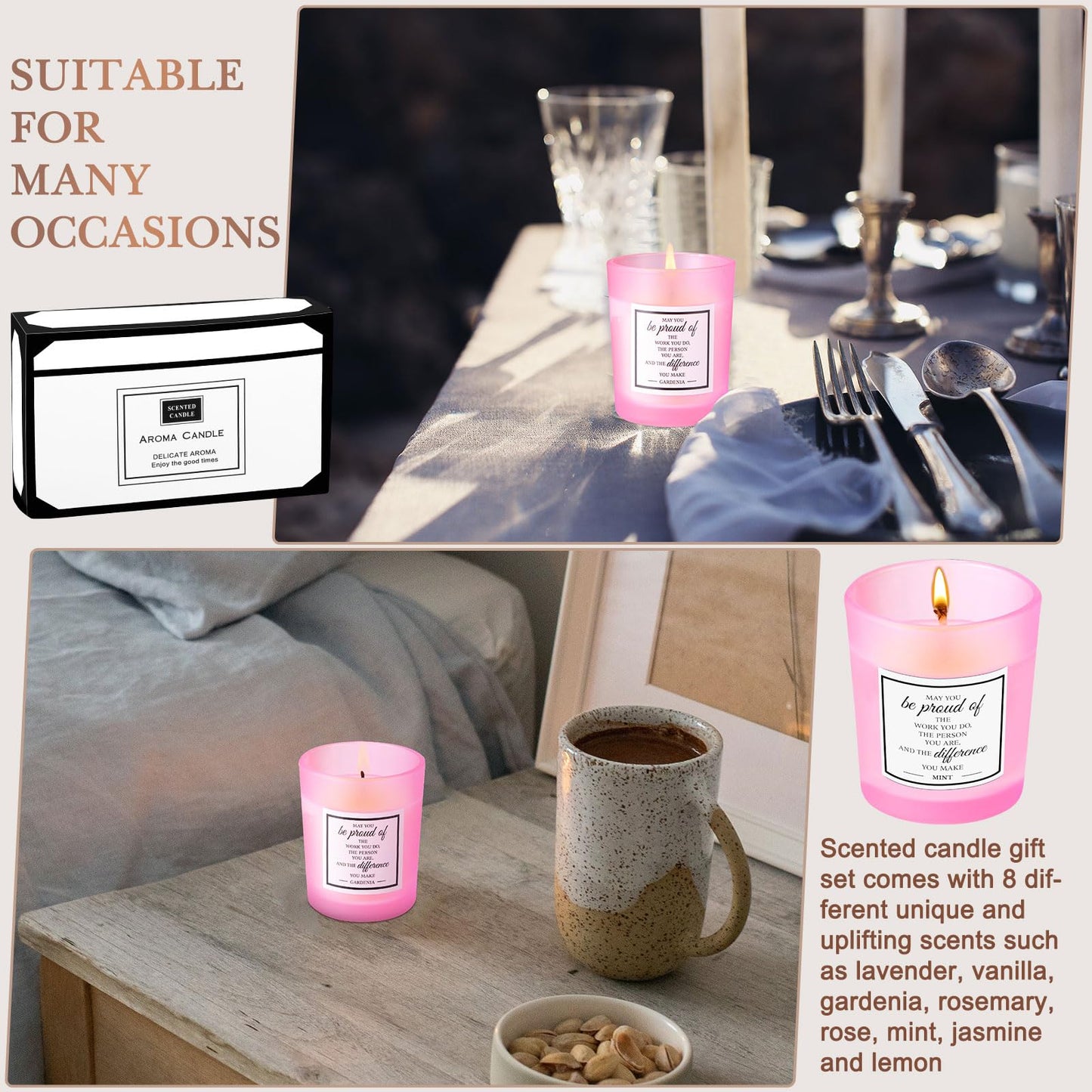 MTLEE 16-Pack Scented Candles Gift Set – Aromatherapy Soy Wax, Pink, Inspirational