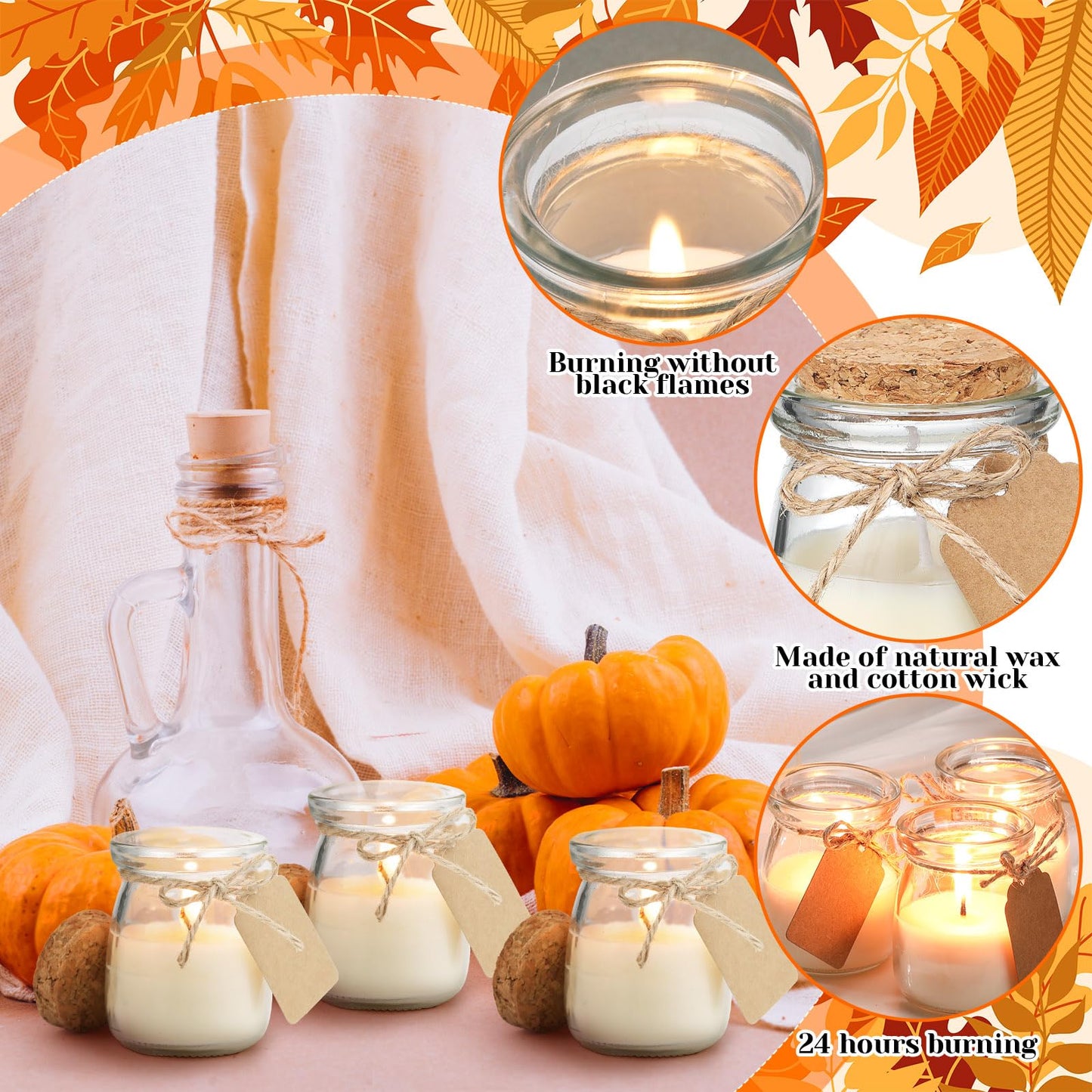 MTLEE 50 Pcs Pumpkin Jar Candles – Thanksgiving Gifts, Natural Soy Wax, DIY Tags