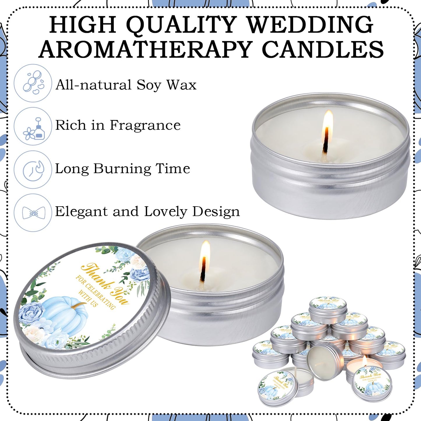 MTLEE 50 Pcs Little Pumpkin Baby Shower Favors - Lavender Soy Wax Travel Tin Candles (Blue)