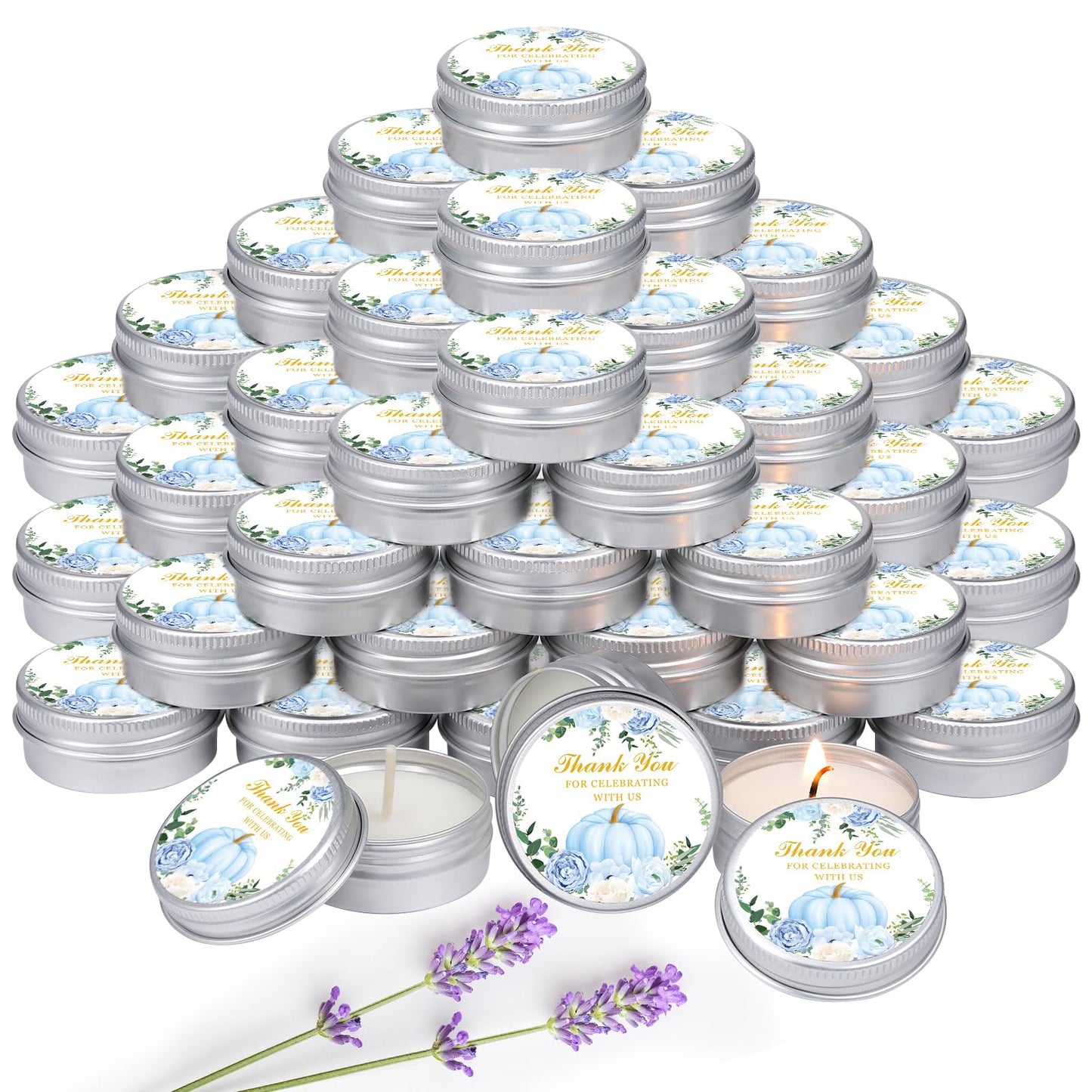MTLEE 50 Pcs Little Pumpkin Baby Shower Favors - Lavender Soy Wax Travel Tin Candles (Blue)