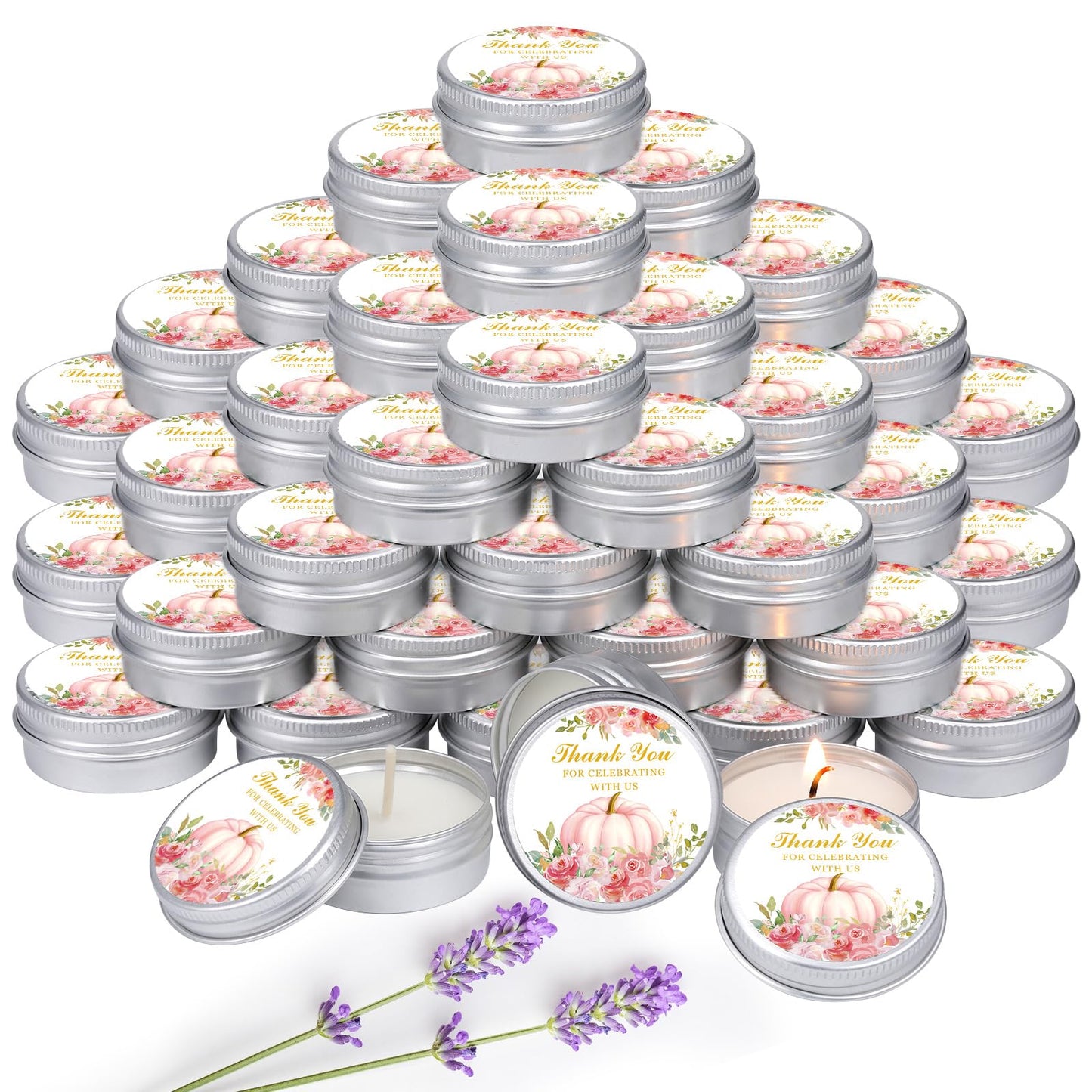 MTLEE 50 Pcs Little Pumpkin Baby Shower Favors – Lavender Scented Soy Wax Candles in Pink Travel Tins