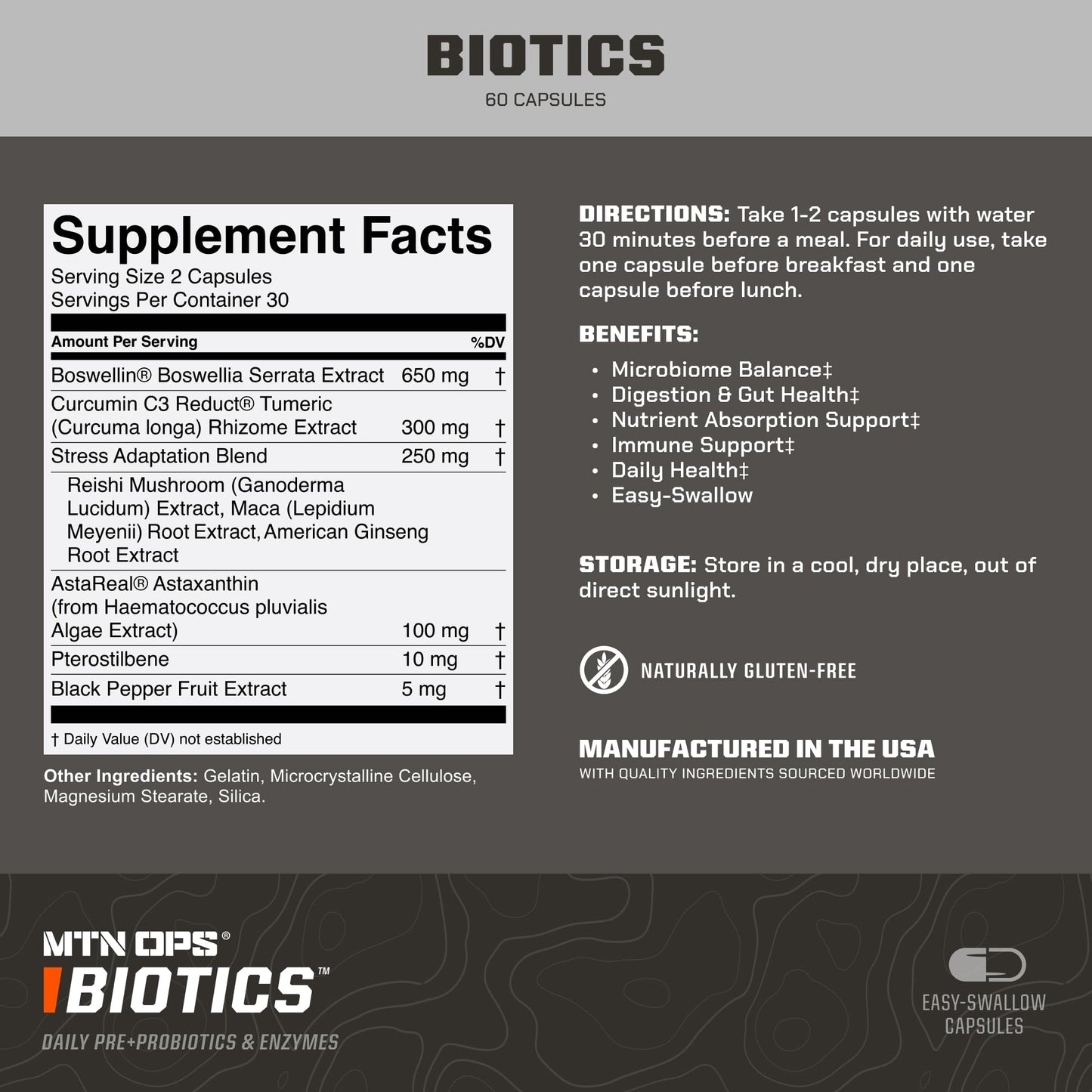 MTN OPS Biotics Daily Probiotic with Maca Root, Reishi, Boswellia & American Ginseng – 60 Capsules | 30 Servings